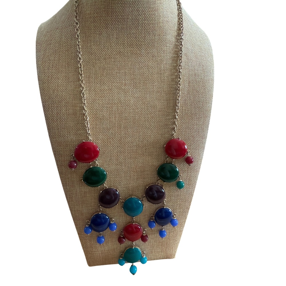 Multi Color Cabochon Statement Bib Necklace Gold Tone Bold Chunky Jewelry